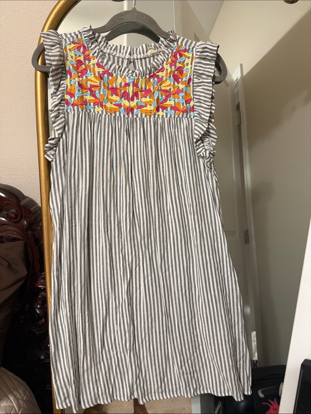 JODIFL Gray and White Striped Embroidered Sundress Runs Small like a M